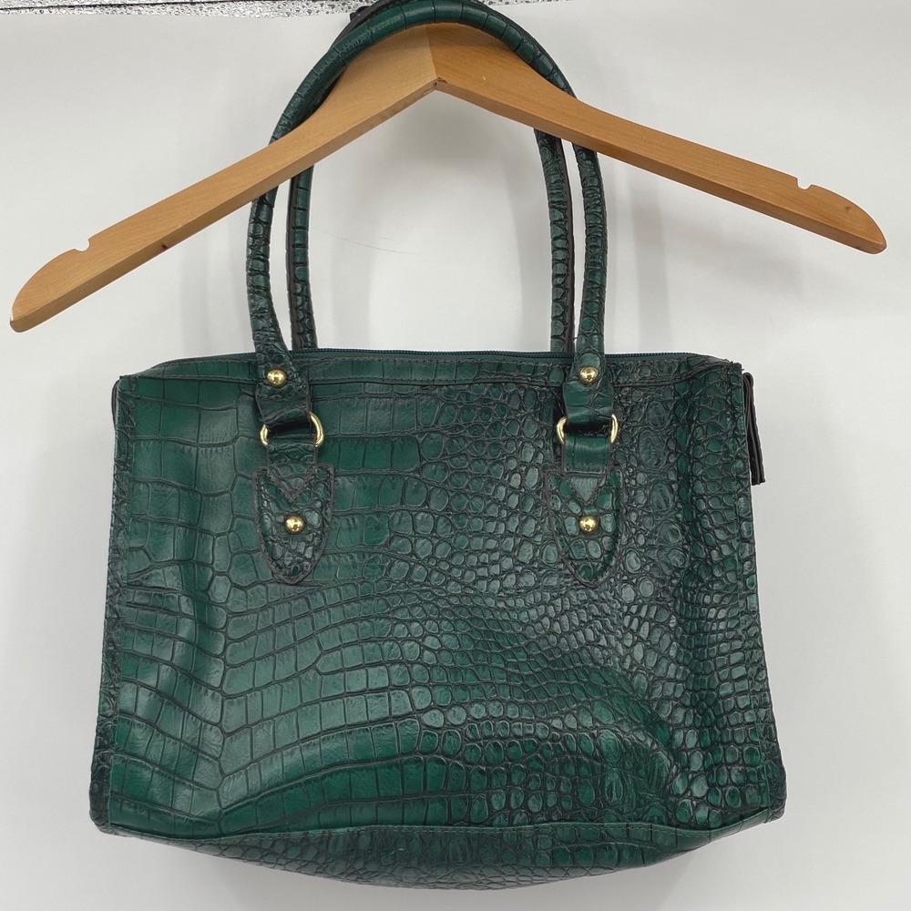 Emerald Green Crocodile Embossed Faux Leather Tote Bag Gold Hardware Satchel